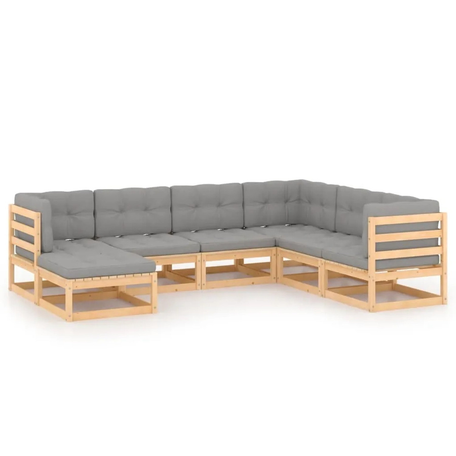 vidaXL 7-tlg Garten-Lounge-Set aus massivem Kiefernholz in L-Form mit grauen Kissen - Bild 2