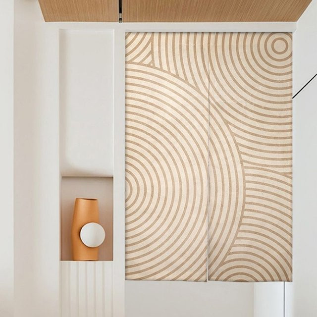 VIKAMA Minimalistischer Halbvorhang mit geometrischem Druck in Beige, Trennvorhang für Küche, Schlafzimmer oder Eingangsbereich, Breite: 90 cm, Höhe: 65 cm - Bild 1