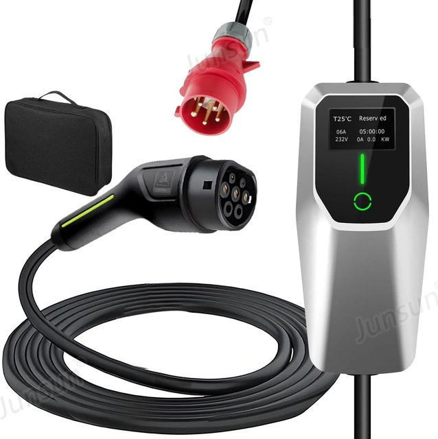 Junsun EV Ladegerät 11kW mit 8m Type 2 Kabel, 3-phasig, 6-16A, Silber - Bild 1