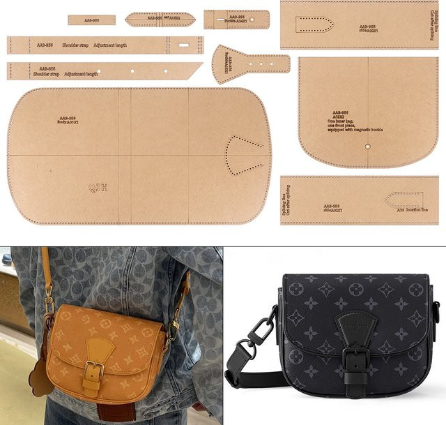 QJH DIY Leder Handarbeit-Schablonen Set für Damen-Schultertaschen und Geldbörsen, braun, Kraftpapier-Vorlage zum Nähen mit Loch - Bild 1