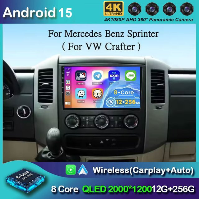 TIEYEZ Android 16 Autoradio mit 10 Zoll Display für VW Crafter und Mercedes Benz Sprinter, Multimedia-Videoplayer mit GPS, WiFi, 4G, CarPlay und DSP, Farbe: Schwarz - Bild 1