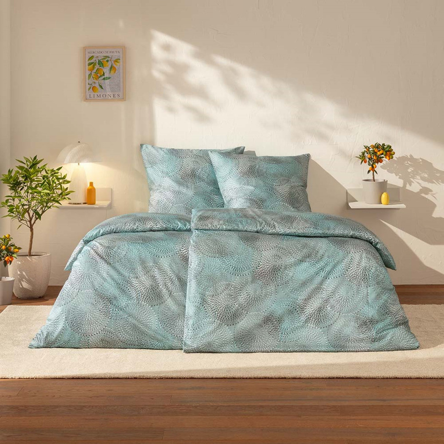 Estella Mako-Satin Bettwäsche Orion eisblau mit Kreisen und Punkten in Türkis, Set bestehend aus Bettbezug und Kissenbezug, B/H: 155 x 220 cm, Kissenbezug: 80 x 80 cm - Bild 1