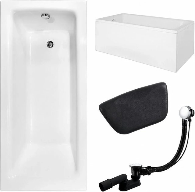 KOLMAN Badewanne KODI rechteckig in Weiß mit Acrylschürze, Kopfstütze, Ablauf und Füßen, B/T: 170 x 75 cm - Bild 1