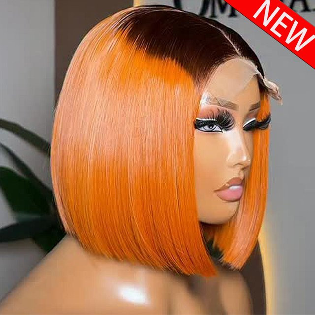Remeluxe Perücke Echthaar, Braun Ingwer-Orange, Gerade, Kurz, Damen - Bild 1