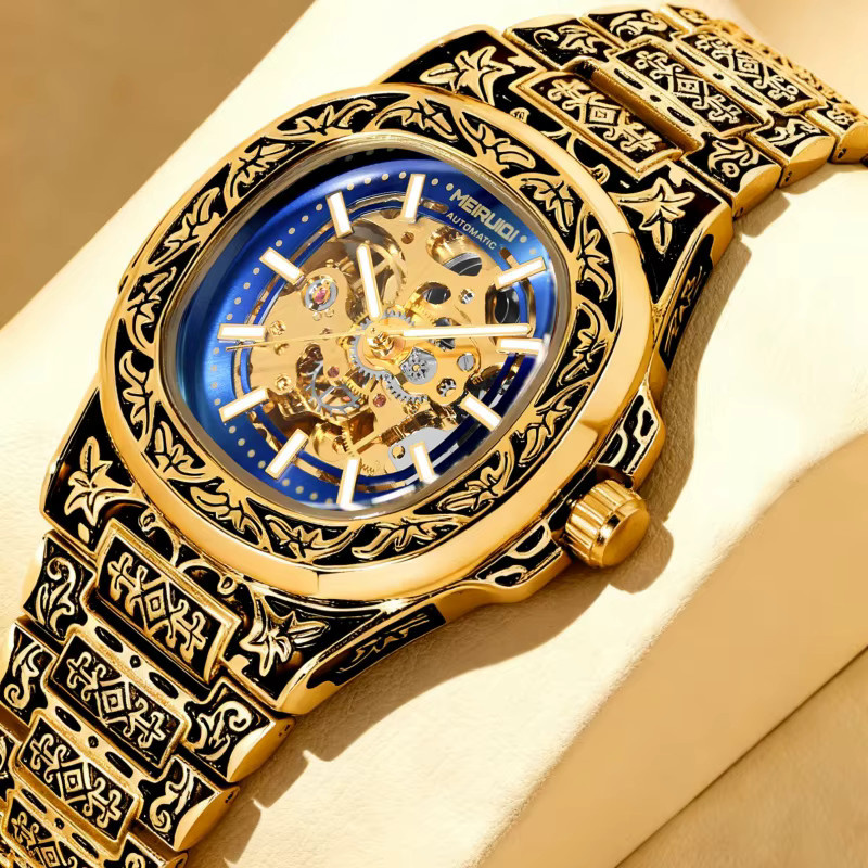 MEIRUIQI Armbanduhr Edelstahl, Gold, Blau, Automatik, Herren, Vintage - Bild 2
