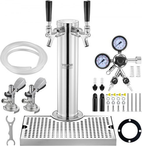 VEVOR Kegerator-Turm-Kit aus Edelstahl in Silber mit zwei Zapfhähnen, Doppelmessgerät W21.8-Regler, A-System-Fasskupplung und Bier-Tropfschale, B/T/H: 43,5 x 17,5 x 11,5 cm - Bild 1