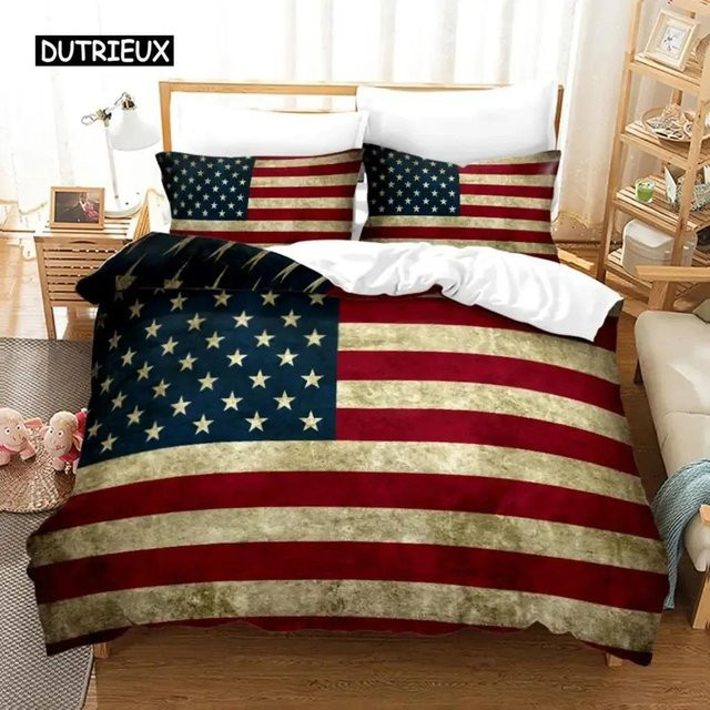 Bettwäsche-Set Lodestar mit amerikanischer Flagge aus Mikrofaser, rot-weiß gestreift, B/H: 180 x 210 cm - Bild 1