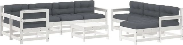 vidaXL 10-tlg Garten-Lounge-Set aus Massivholz mit Kissen in Weiß und Anthrazit, L-Form mit Sofa, Sesseln, Ottoman und Tisch - Bild 1
