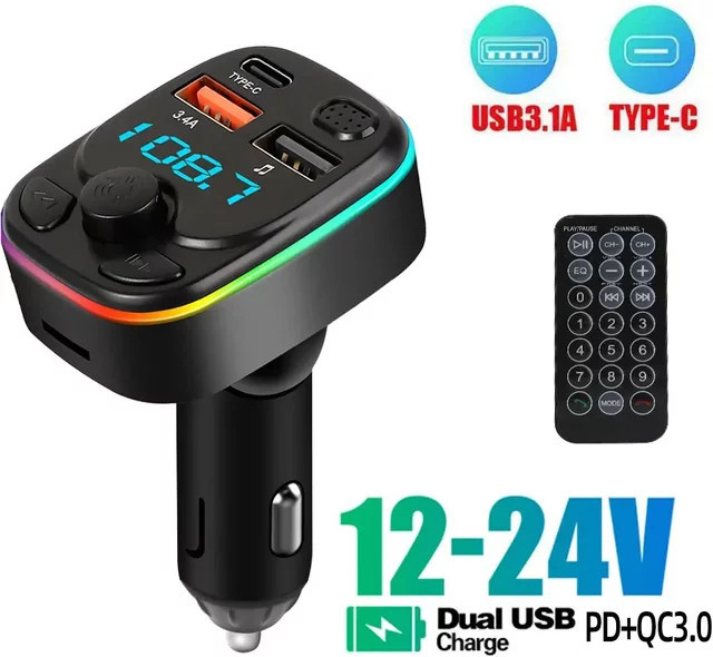 Kankeirr Bluetooth FM Sender mit PD und Dual USB 3.1A Schnellladegerät, MP3-Modulator mit buntem Umgebungslicht, Schwarz/Multicolor - Bild 1