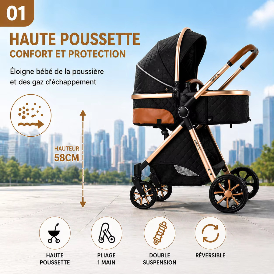 Magic ZC 3-in-1 Kinderwagen-Reisesystem mit Autositz in Schwarz mit Aluminiumrahmen und Einhand-Faltmechanismus - Bild 2
