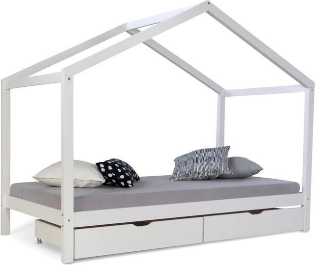 Homestyle4u Kinderhaus Bett aus Kiefernholz mit Bettkasten in Weiß, Skandinavischer Stil - Bild 1