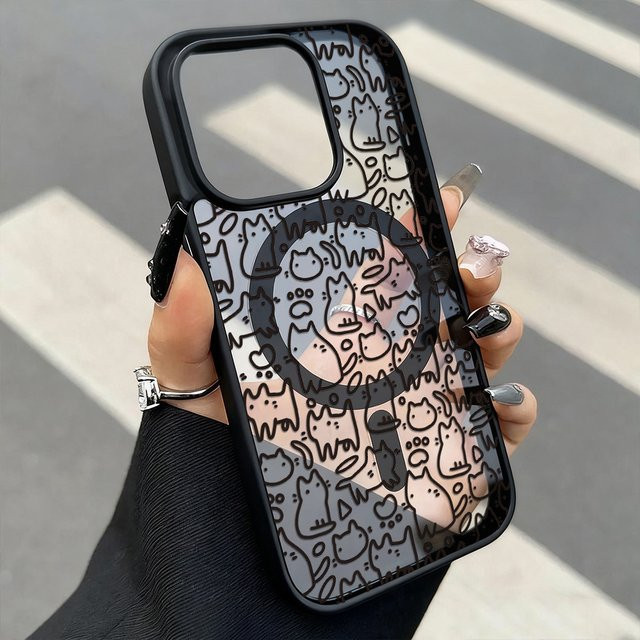 AKABEILA Magnetische Handyhülle mit Katzenmotiv und Lanyard für iPhone 11 bis iPhone 18 Pro Max, Stoßfeste Acryl-Matthülle - Bild 1