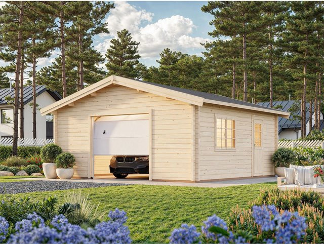 Palmako Holzgarage Roger aus Fichte mit Sektionaltor, Nebeneingangstür und Iso-Glas, Braun, B/T: 540 x 540 cm - Bild 1