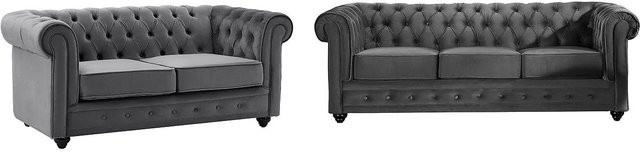 Vente-unique Chesterfield Couchgarnitur aus Samt in Anthrazitgrau bestehend aus einem 2-Sitzer und einem 3-Sitzer mit B/T/H: 205 x 165 cm - Bild 1