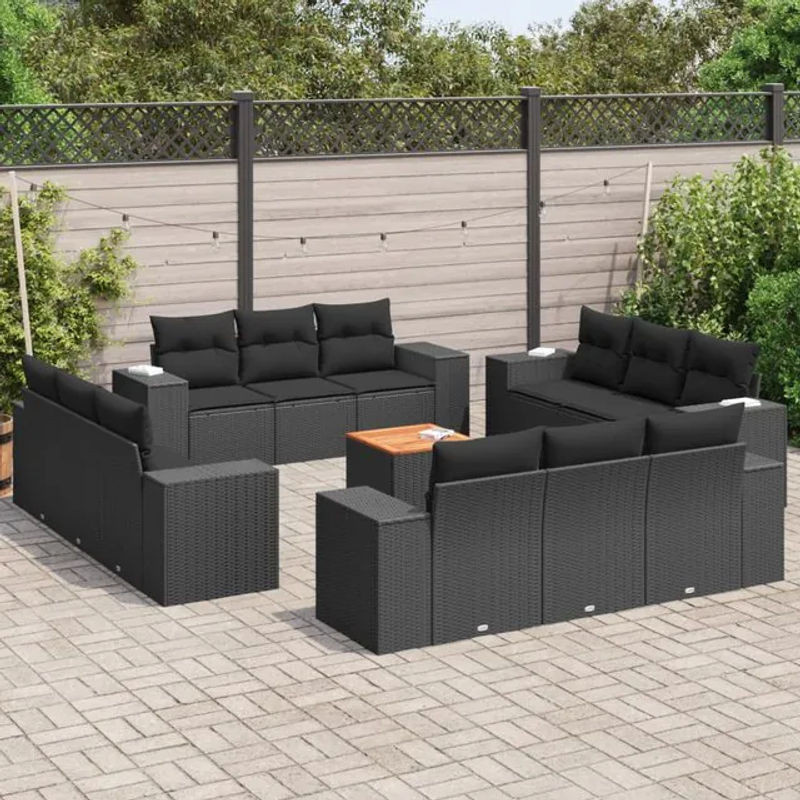 Vidaxl Gartenmöbel-Set aus Polyrattan und Akazie mit Kissen, 13-teilig, Schwarz - Bild 1