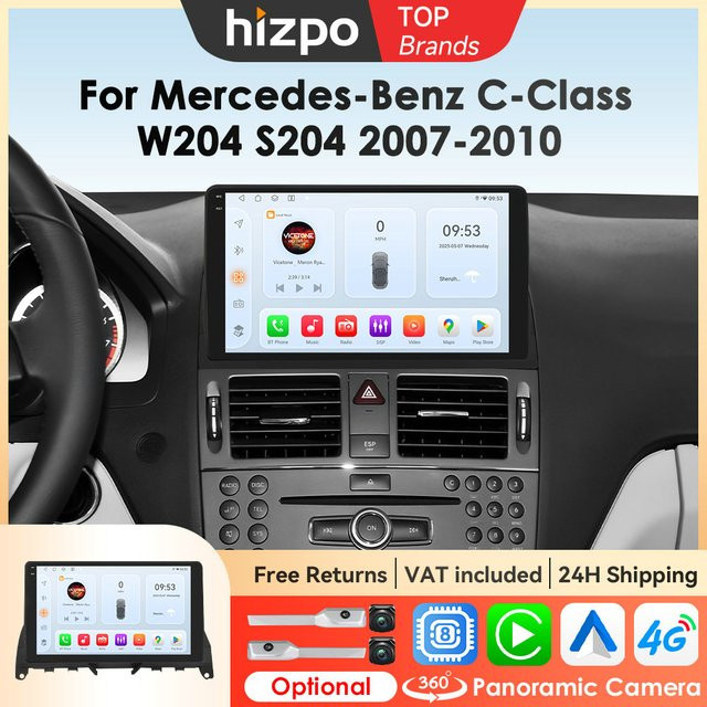 Hizpo 8-Kern Autoradio für Mercedes Benz C-Klasse W204 S204 2007–2010 mit GPS, 4G und Wireless CarPlay in Schwarz - Bild 1