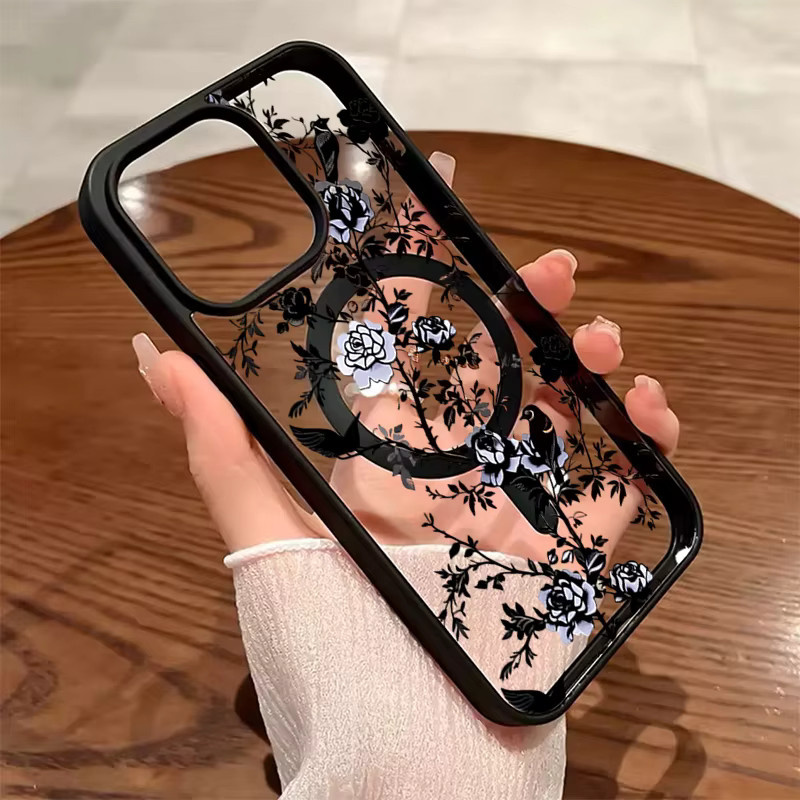 Magnetische iPhone Hülle mit Blumenmuster in Schwarz und Orange für Apple iPhone 17 Pro Max, 16, 15, 14, 13, 12 und 11 Modelle - Bild 2