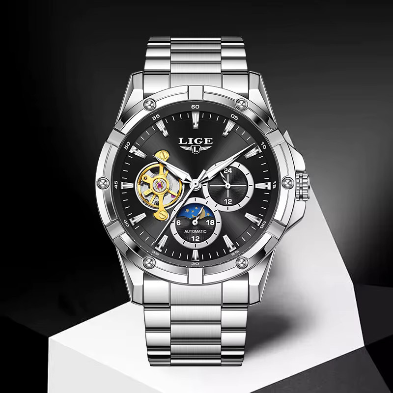 LIGE Armbanduhr Automatik, Edelstahl, Silber, Herren, Mondphase - Bild 3
