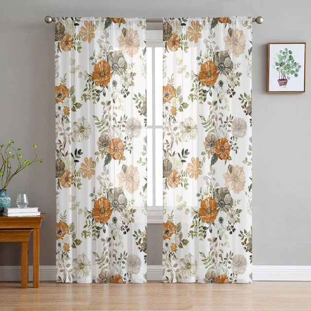 A Family Of Home Textiles Voile Gardine mit Herbstblumen, Eukalyptus und weißem Kürbis, Farbe: Weiß, B: 135 cm, H: 114 cm - Bild 1