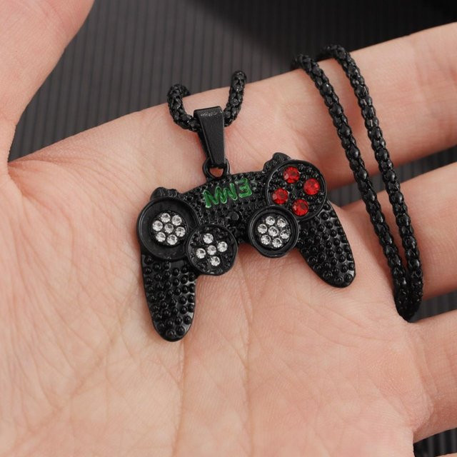 Anhänger Halskette Game Controller, vergoldet, Messing, Kristall, Schwarz, Herren - Bild 1