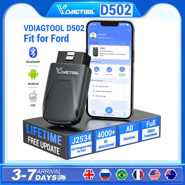 VDIAGTOOL D502 OBD2 Scanner in Schwarz mit 27 Reset-Funktionen, Vollsystem-Autodiagnosegerät und J2534 Programmierung für Ford - Bild 1