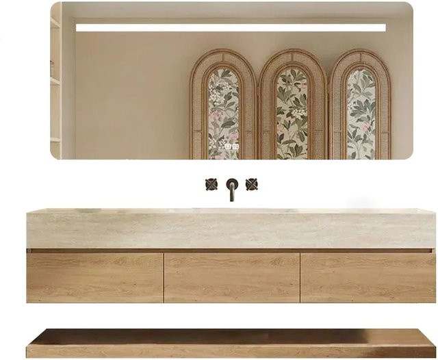 360Home Wandhängendes Waschbecken Set aus Sinterstein in Travertin Optik Beige mit Ablage und Ablauf, Breite: 120 cm, Tiefe: 55 cm, Höhe: 15 cm - Bild 1