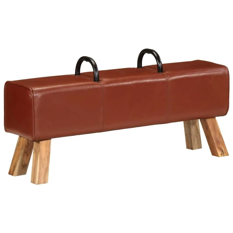 vidaXL Bank im Turnbock-Design aus Akazienholz und Echtleder, Braun, Breite: 110 cm, Tiefe: 30 cm, Höhe: 46 cm - Bild 2