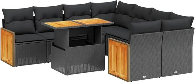 vidaXL 9-tlg Garten-Sofagarnitur in U-Form aus schwarzem Poly-Rattan mit Kissen und pulverbeschichtetem Stahlrahmen - Bild 1