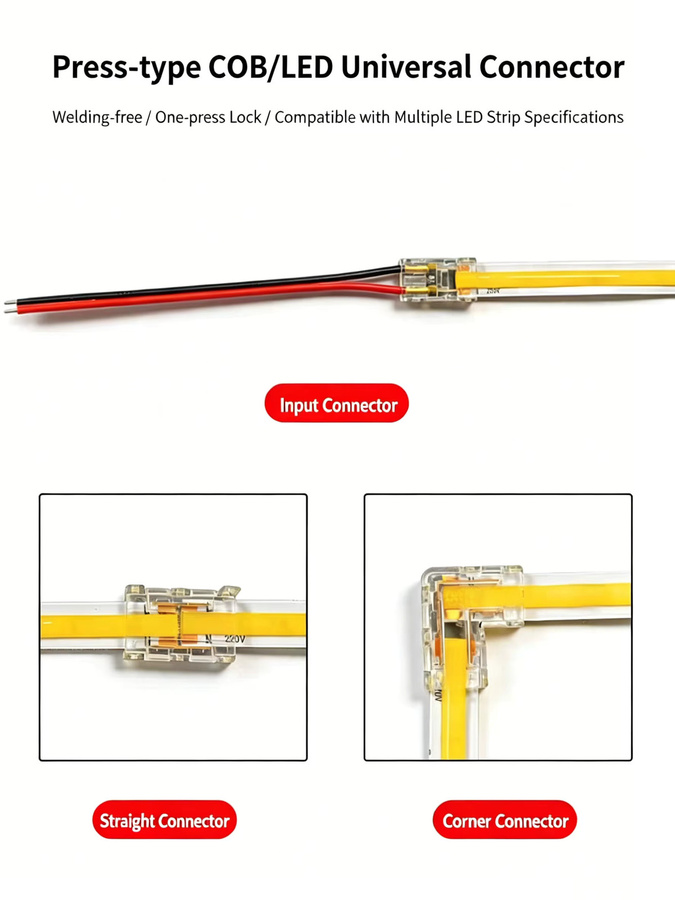 YJCAL LED-Lichtstreifen-Verbinder transparent, handgepresster lötfreier Strip-Connector für 2/3/4-Pin und 5/8/10mm COB-Lichtstreifen - Bild 4