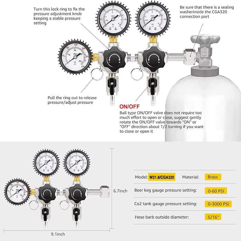 Elecqueen Kegerator CO2-Regler mit doppeltem Druckbereich und CGA320 Einlass in Silber für Homebrew Bierfässer und Sodawasser-Systeme - Bild 2