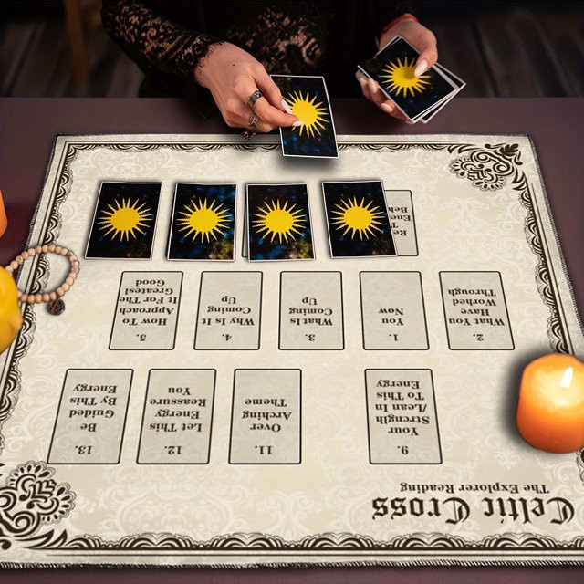 VIKAMA Altartuch mit keltischem Kreuz-Tarot-Motiv, beige mit schwarzem Randdesign, rechteckige Tischdecke für spirituelle Dekoration - Bild 1