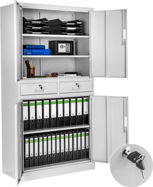 tectake Aktenschrank aus pulverbeschichtetem Stahl in Hellgrau mit 4 Flügeltüren, 2 Schubfächern und höhenverstellbaren Einlegeböden, B/T/H: 80 x 40 x 180 cm - Bild 1