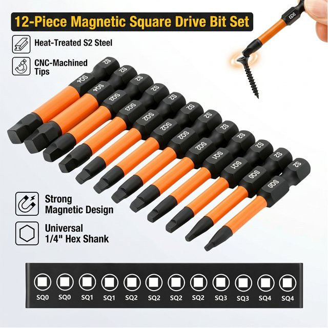 Toorise Schraubendreher-Bit-Set aus S2-Stahl, 12-teilig, magnetisch, mit Robertson-Antrieb und Schlagbohrer-Adapter, 1/4 Zoll Sechskantschaft - Bild 1
