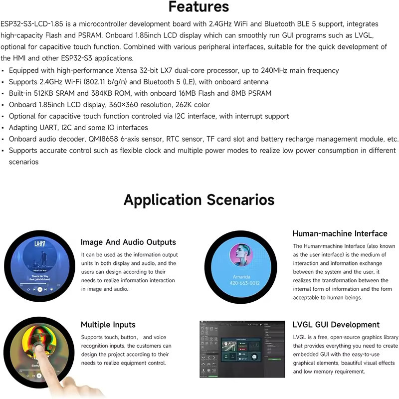 Waveshare ESP32-S3 Entwicklungsboard mit 1,85 Zoll IPS Rundes Display, 360x360 TFT LCD, WiFi und Bluetooth in Schwarz - Bild 2