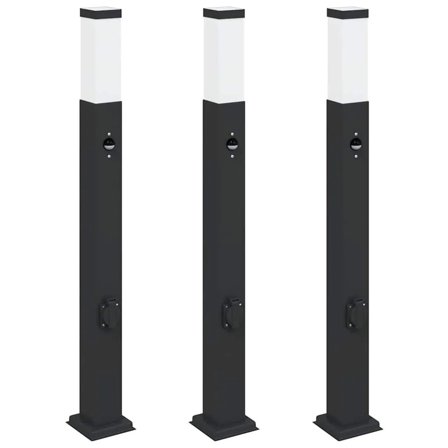 vidaXL Pollerleuchten Set 3 Stück Schwarz mit Bewegungssensor und Steckdose, Höhe: 80 cm, IP44 Gartenleuchten aus Metall und Kunststoff - Bild 2