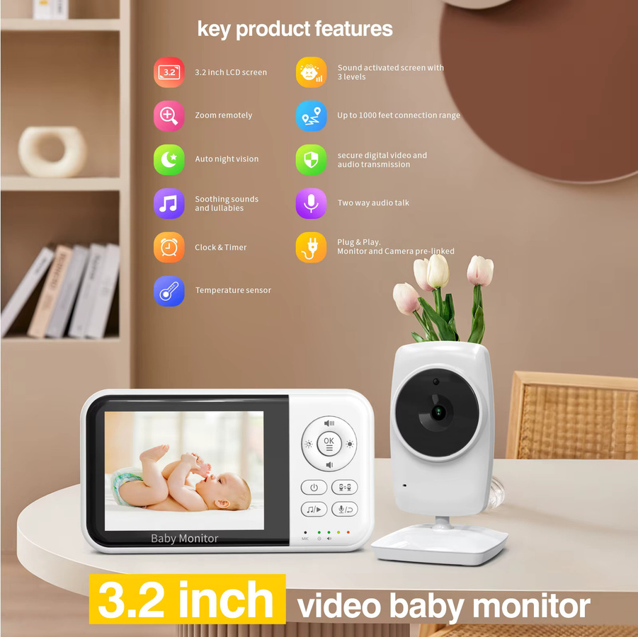 MBOSS Babyphone mit Kamera und 3,2-Zoll-Bildschirm in Weiß mit Nachtsicht, 2-Wege-Audio, Temperatursensor und 2-fachem Zoom - Bild 5