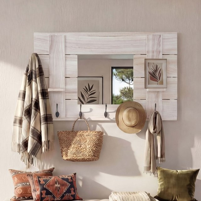Wandgarderobe MCW C89 mit Spiegel und 5 Haken aus Paulowniaholz im Shabby-Look Vintage, Farbe: Braun, B/H: 90 x 60 cm - Bild 1