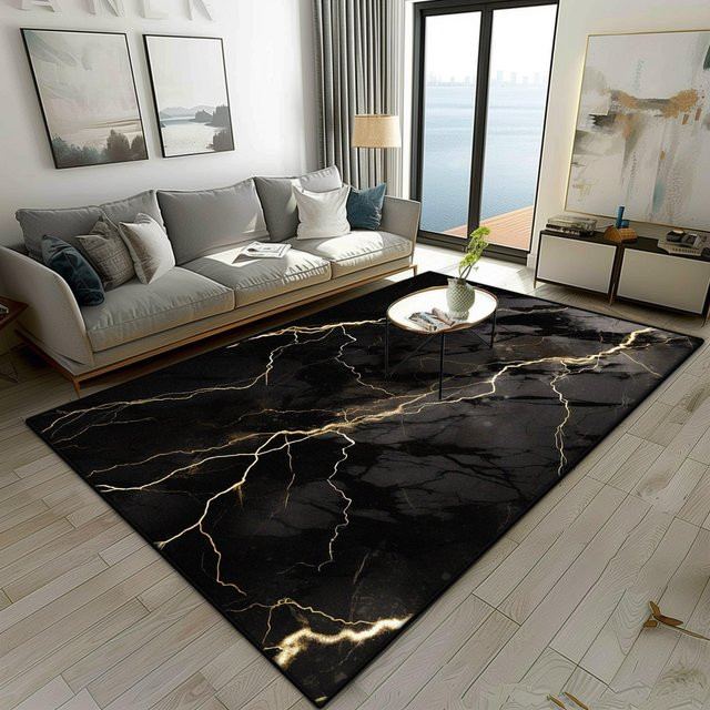 JGJG Wohnzimmerteppich im modernen Marmorstil, weicher und flauschiger Teppich in Schwarz, B/T: 100 x 200 cm - Bild 1