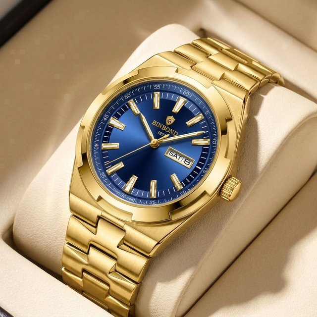 BINBOND Armbanduhr, Quarz, Edelstahl, Gold, blaues Zifferblatt, Herren - Bild 1