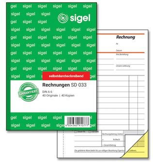 sigel Rechnungsbuch SD033, DIN A6, selbstdurchschreibend, 2 x 40 Blatt, liniertes Papier, Weiß Gelb Grün - Bild 1