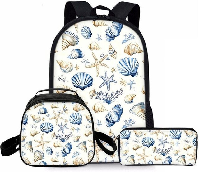 BAOERYE Dreiteiliges Rucksack-Set für Kinder mit Muscheldruck in Multicolour, Wasserdichter Cartoon Schulranzen für Jungen und Mädchen - Bild 1
