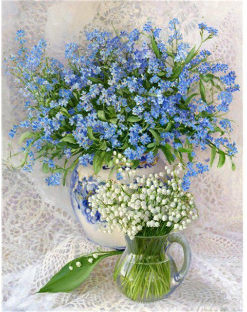 FIYO Diamantmalerei Blumenvase mit Lavendel in Lila, Grau und Blau, Motiv Floral und Botanisch, Vollrundbohrer, B/H: 20 x 30 cm - Bild 1