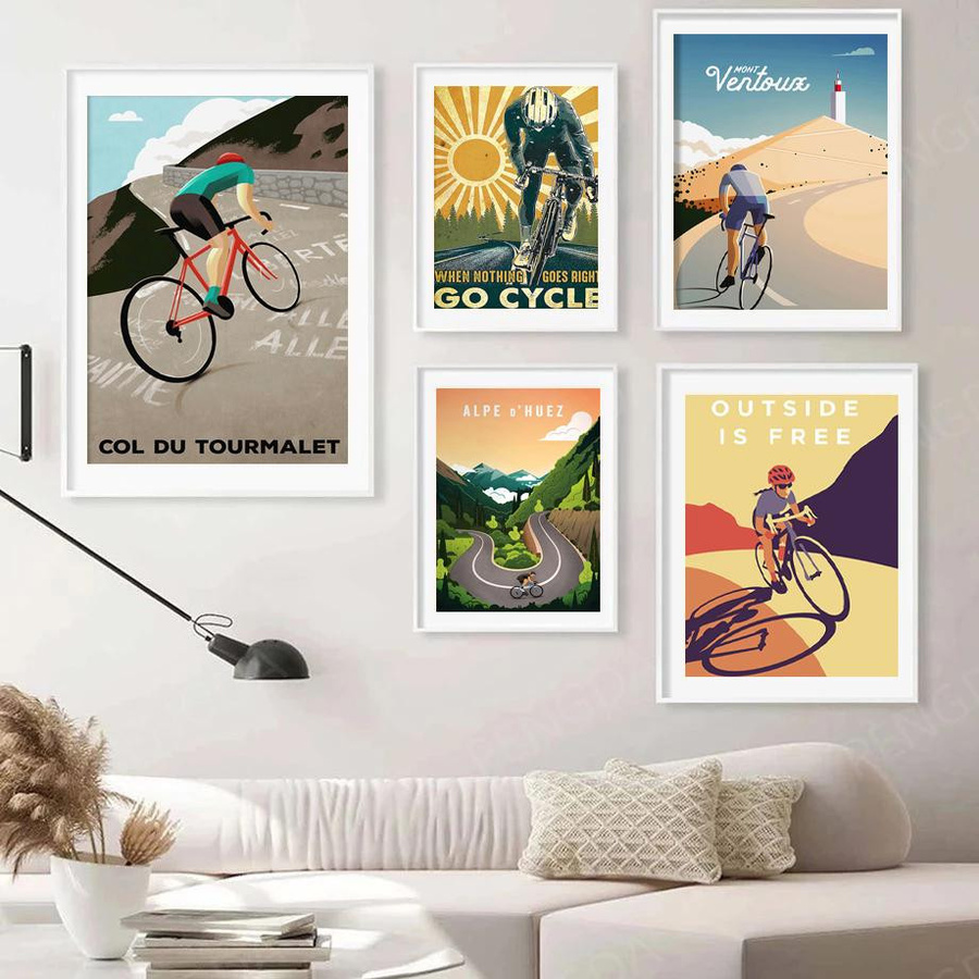 Vintage Sport Fahrrad Leinwand Poster mit Landschaftsmotiv von aidegou12, Aquarellmuster, Mehrfarbig, Breite: 40 cm, Höhe: 60 cm - Bild 2