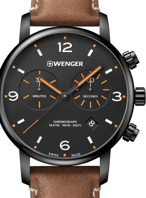 Wenger Chronograph, Quarz, Edelstahl, Leder, Schwarz, 44 mm, Herren - Bild 1