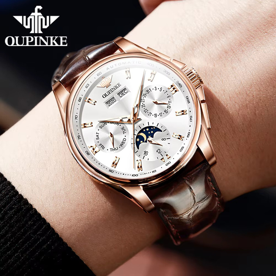 OUPINKE Herrenuhr, Automatik, Edelstahl, Leder, Weiß, 5 ATM, Herren - Bild 2
