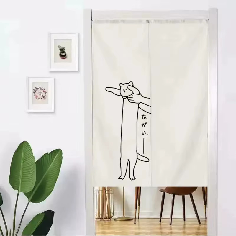 VIKAMA Japanischer Noren-Halbvorhang mit Katzenmuster in Weiß, B: 120 cm, H: 70 cm - Bild 1