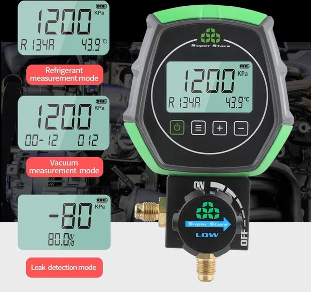 Elektronisches Fluorid-Messgerät mit Digitalanzeige und Kältemittel-Vakuumdruckmesser als Lecksuchgerät für Klimaanlagen in Grün - Bild 1