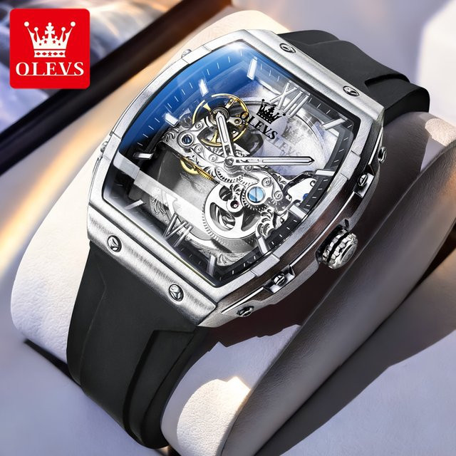 OLEVS Armbanduhr, Automatik, Skelett, Silikonarmband, Silber, Herren - Bild 1
