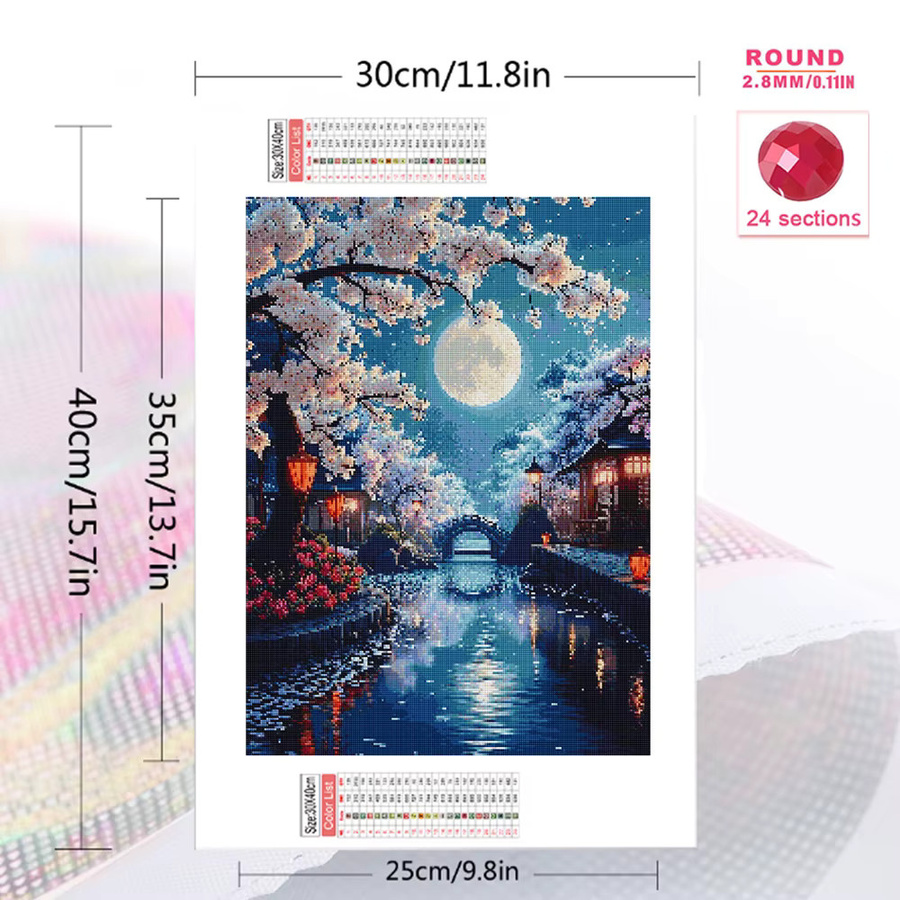 EverShine 5D Diamant-Stickerei DIY Mosaik-Set Landschaft mit Kirschblüten, Mond und Brücke, Wandkunst in Mehrfarbig - Bild 2