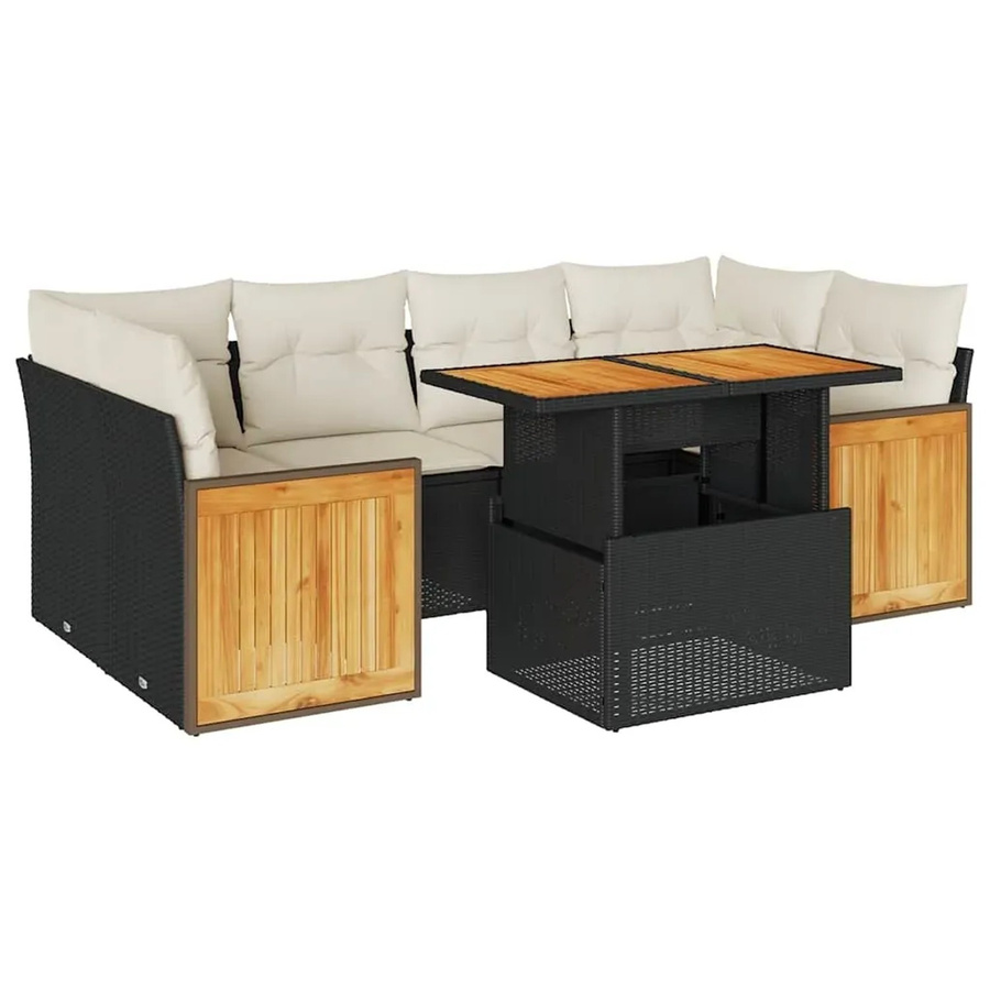 vidaXL 7-tlg Garten-Sofagarnitur in L-Form aus Polyrattan und Akazienholz mit Kissen in Schwarz-Creme - Bild 2